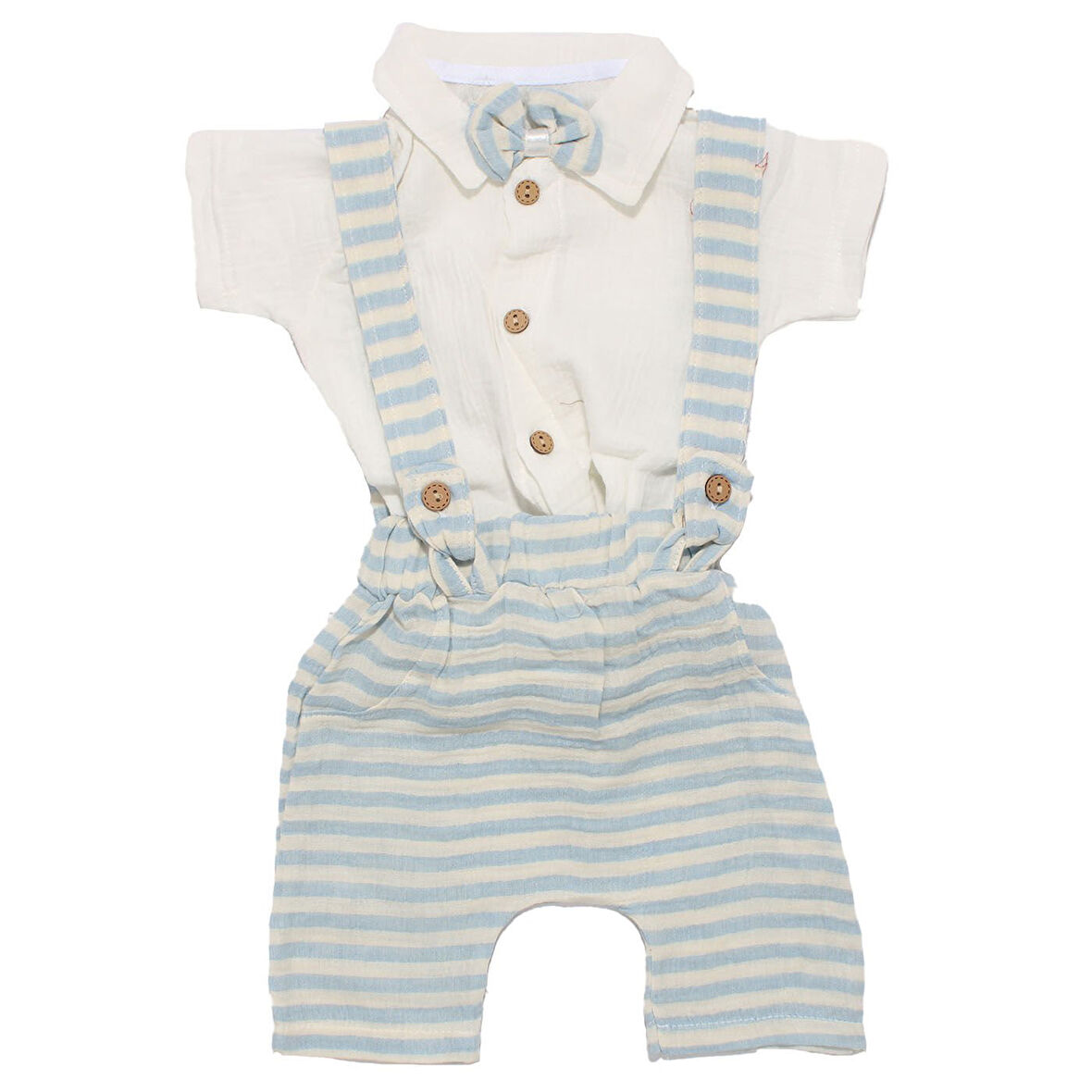 Erkek Bebek Ekru Mavi Çizgili Müslin Papyonlu Gömlekli Salopet Takım