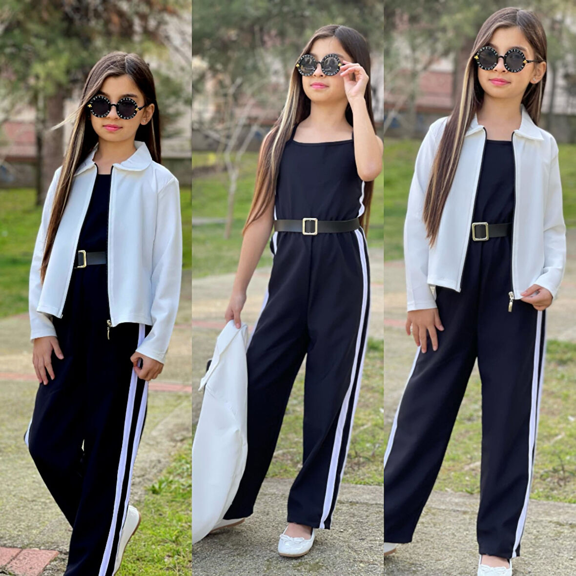 MODAVALS KEMER HEDİYELİ BELİ LASTİKLİ ŞERİT DETAYLI GARSON BOY KIZ ÇOCUK SİYAH TULUM & CEKET KOMBİN