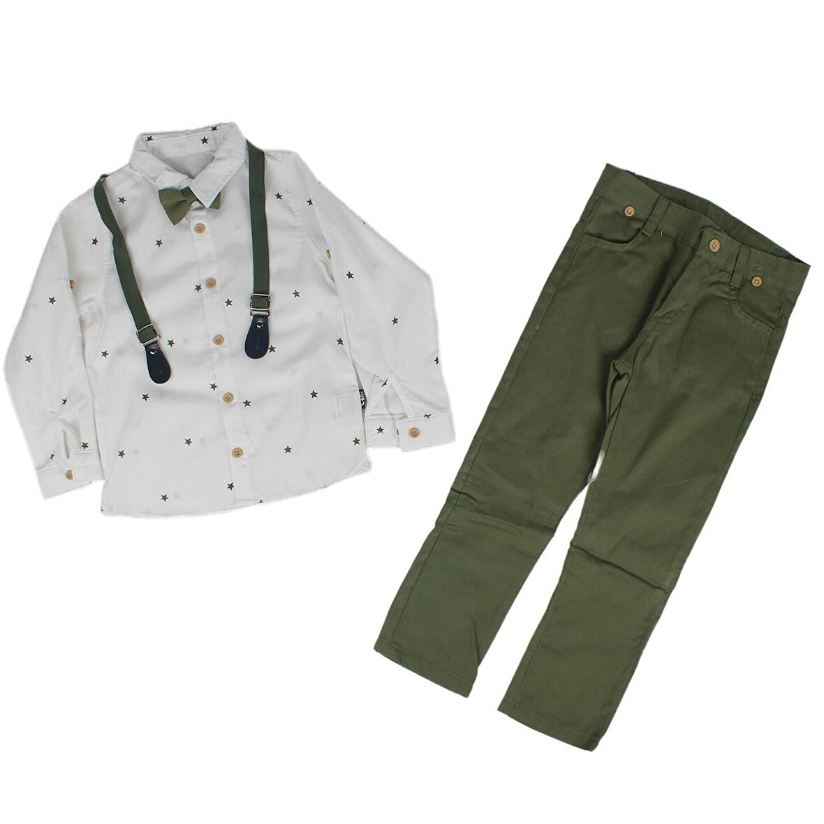 Erkek Çocuk Beyaz Yeşil Yıldız Desenli Papyonlu Gömlekli Papyonlu Askılı 2'li Takım