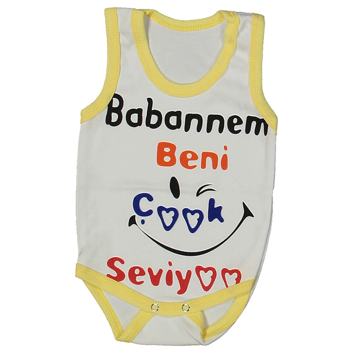 Unısex Beyaz Sarı Biyeli Babaannem Beni Seviyor Yazılı Askılı Zıbın