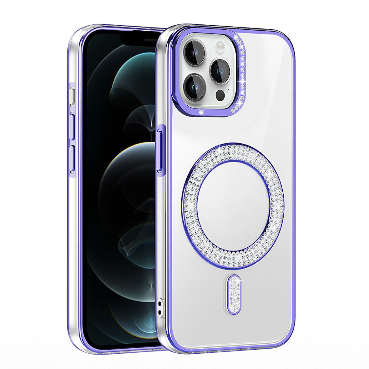 iPhone 12 Pro Kılıf Pırlanta Taş Tasarımlı M-safe Şarj Özellikli Karetta Silikon Kapak