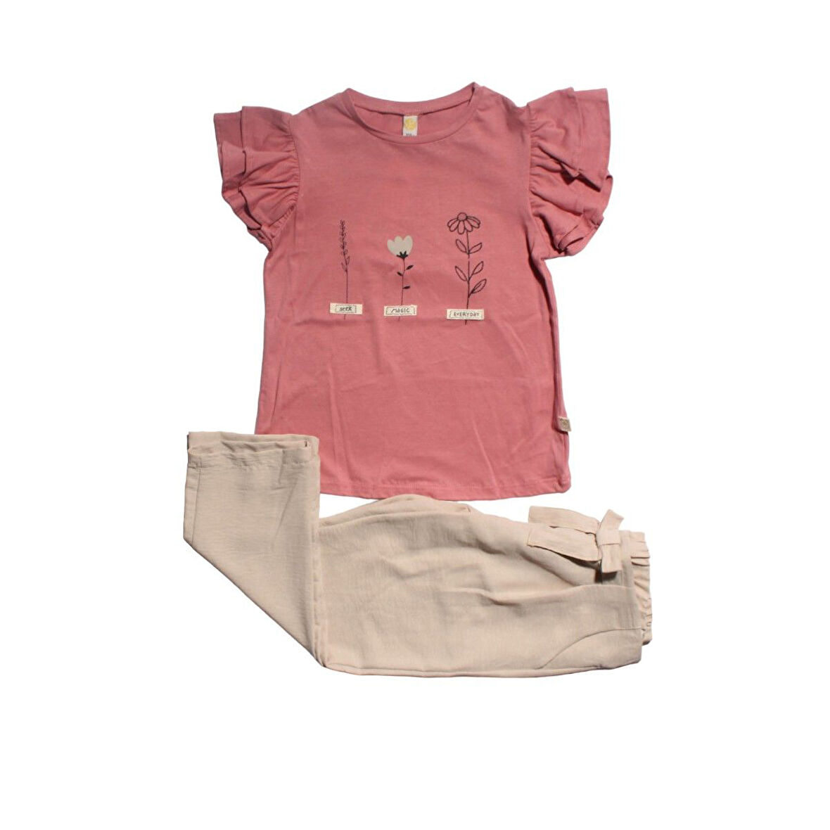 Kız Çocuk Gül Kurusu Bej Bağlamalı Pantolonlu 2 li Takım