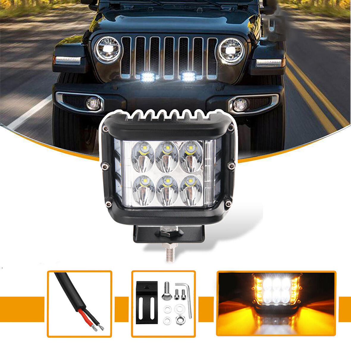 Off Road 45W 12 Led 10cm Beyaz Turuncu Çakarlı Kare Sis Farı Çalışma Lambası Hi-Tech