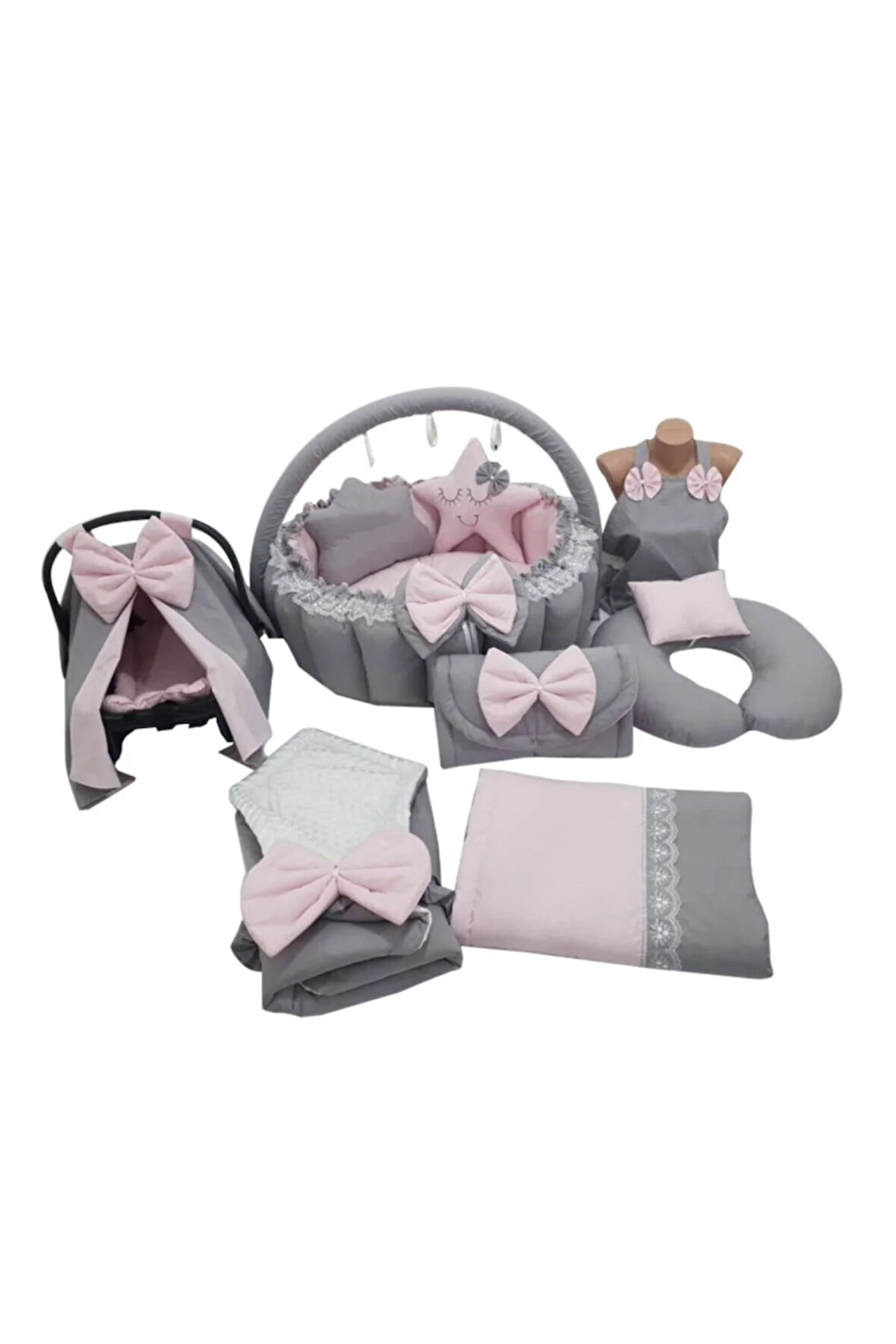 Gri-pembe Tasarım Babynest Lüx Oyun Minderi 13 Parça Set