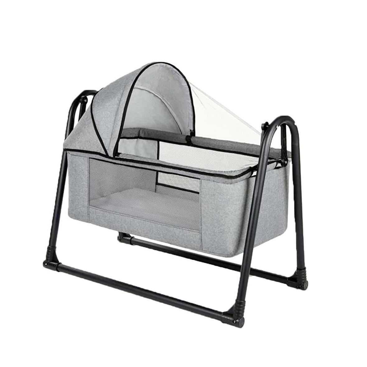 Bebegen Gri Keten Kumaş Portatif Cibinlikli Sallanır Beşik