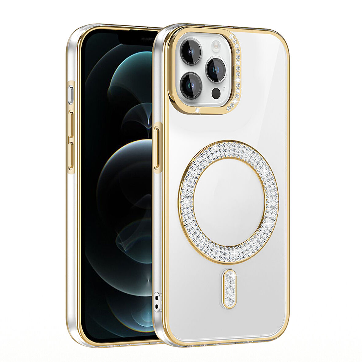 iPhone 12 Pro Kılıf Pırlanta Taş Tasarımlı M-safe Şarj Özellikli Karetta Silikon Kapak