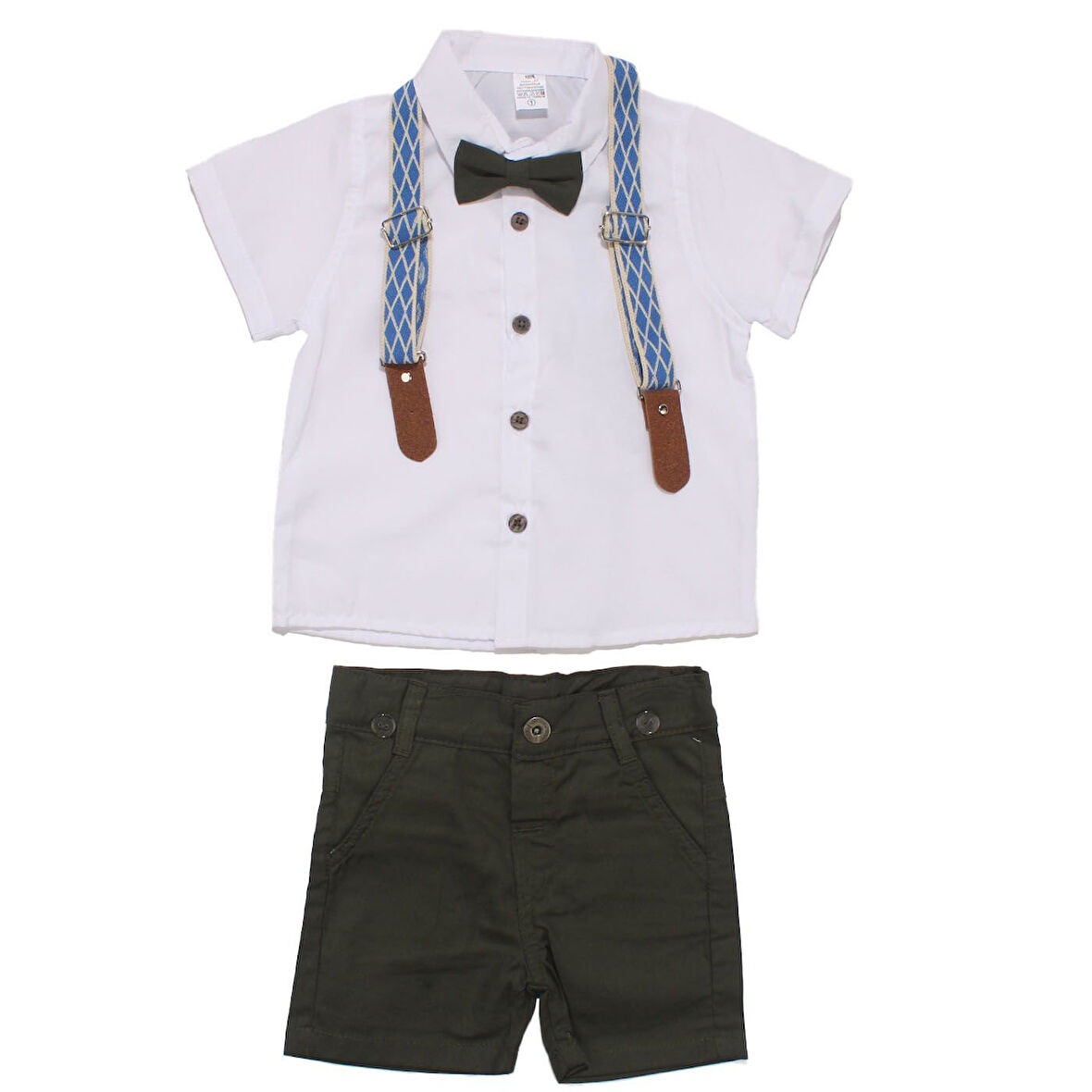 Erkek Çocuk Beyaz Gömlekli Yeşil Şortlu Papyonlu Takım