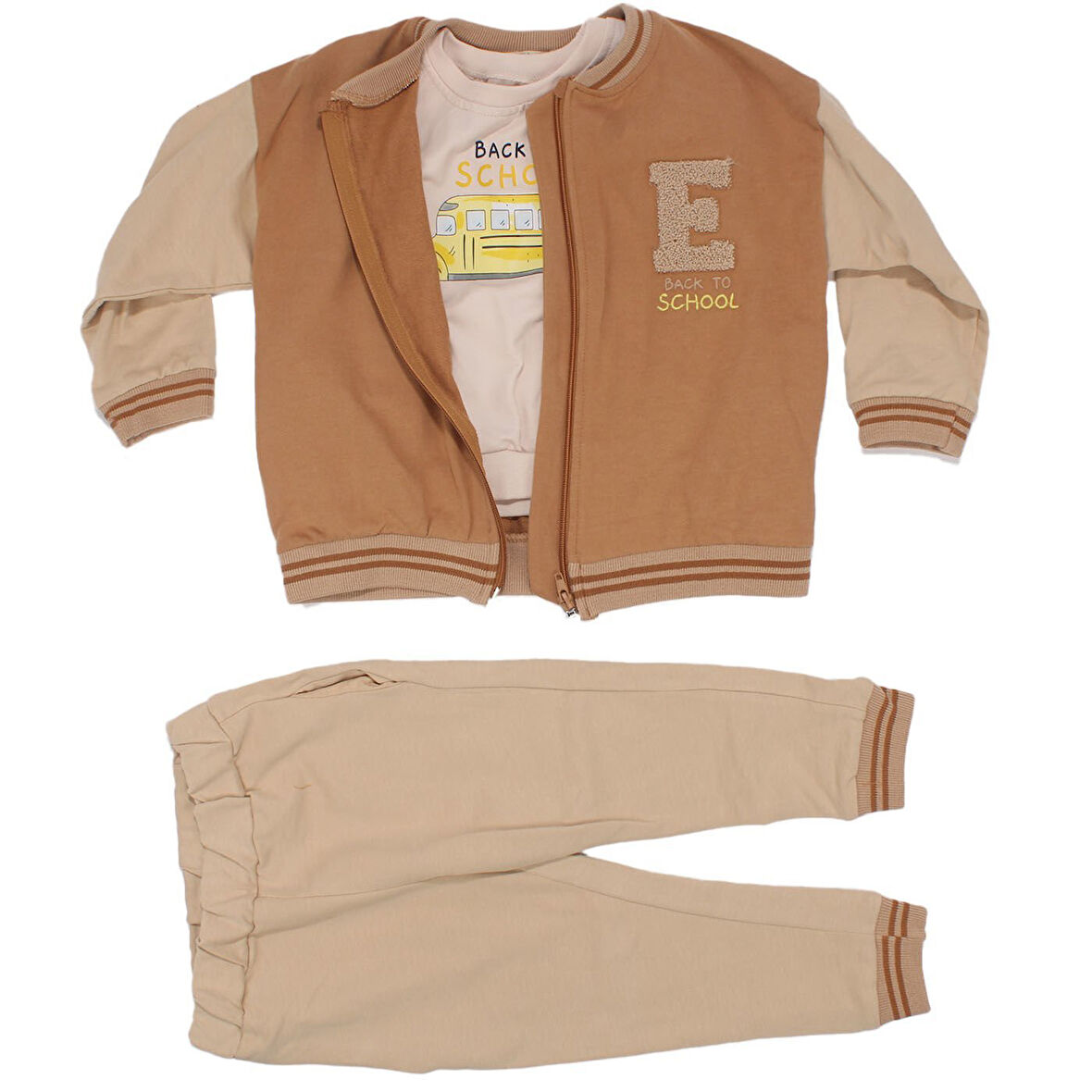 Erkek Çocuk Kahve Bej E Nakışlı Kolej Hırkalı 3'Lü Takım