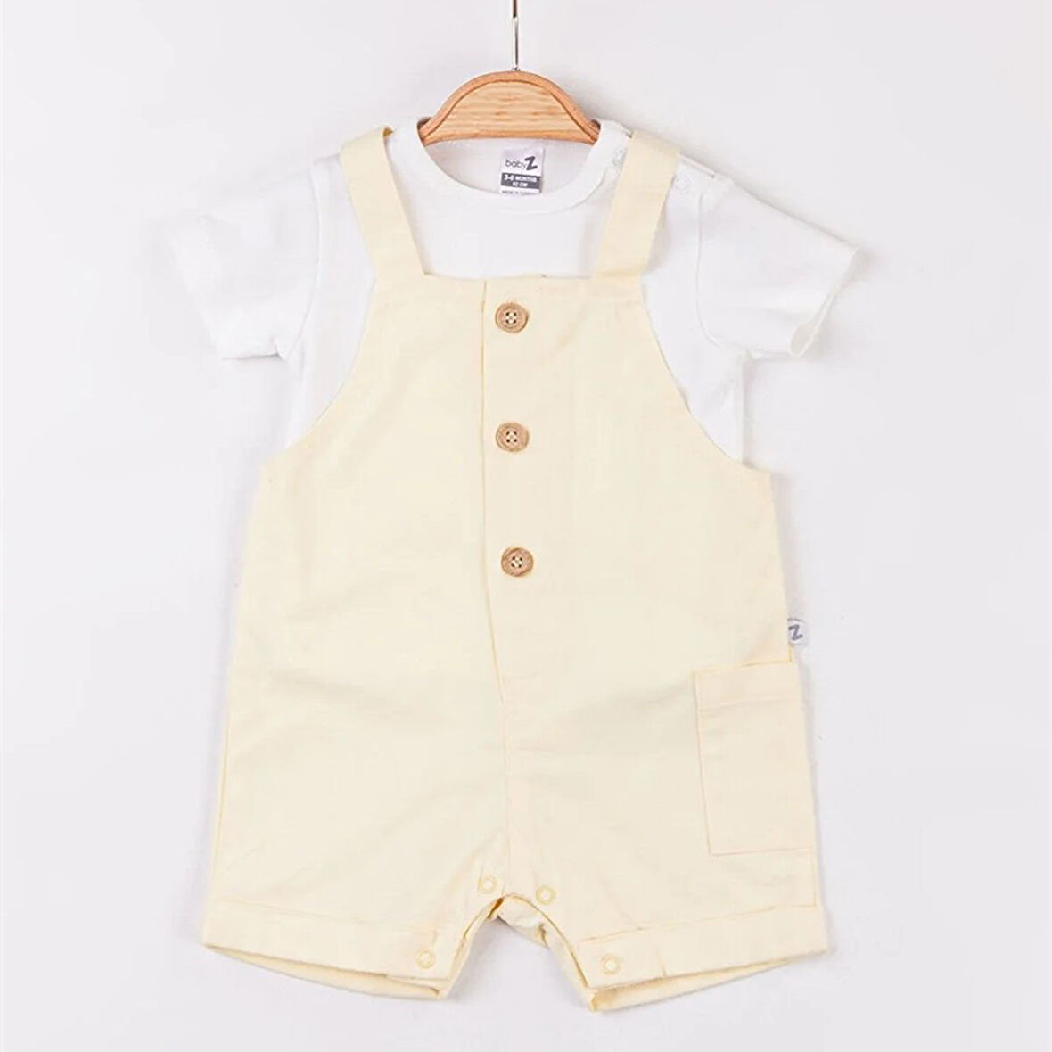 Erkek Bebek Sarı Müslin Düğmeli Salopet Takım
