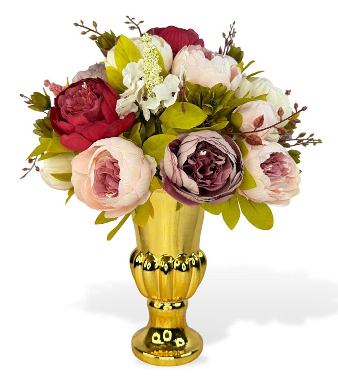 Yapay Çiçek Aranjmanı Fuşya Pembe Gülkurusu Rengi Gold Cam Vazoda Nişan Çiçeği İsteme Çiçeği