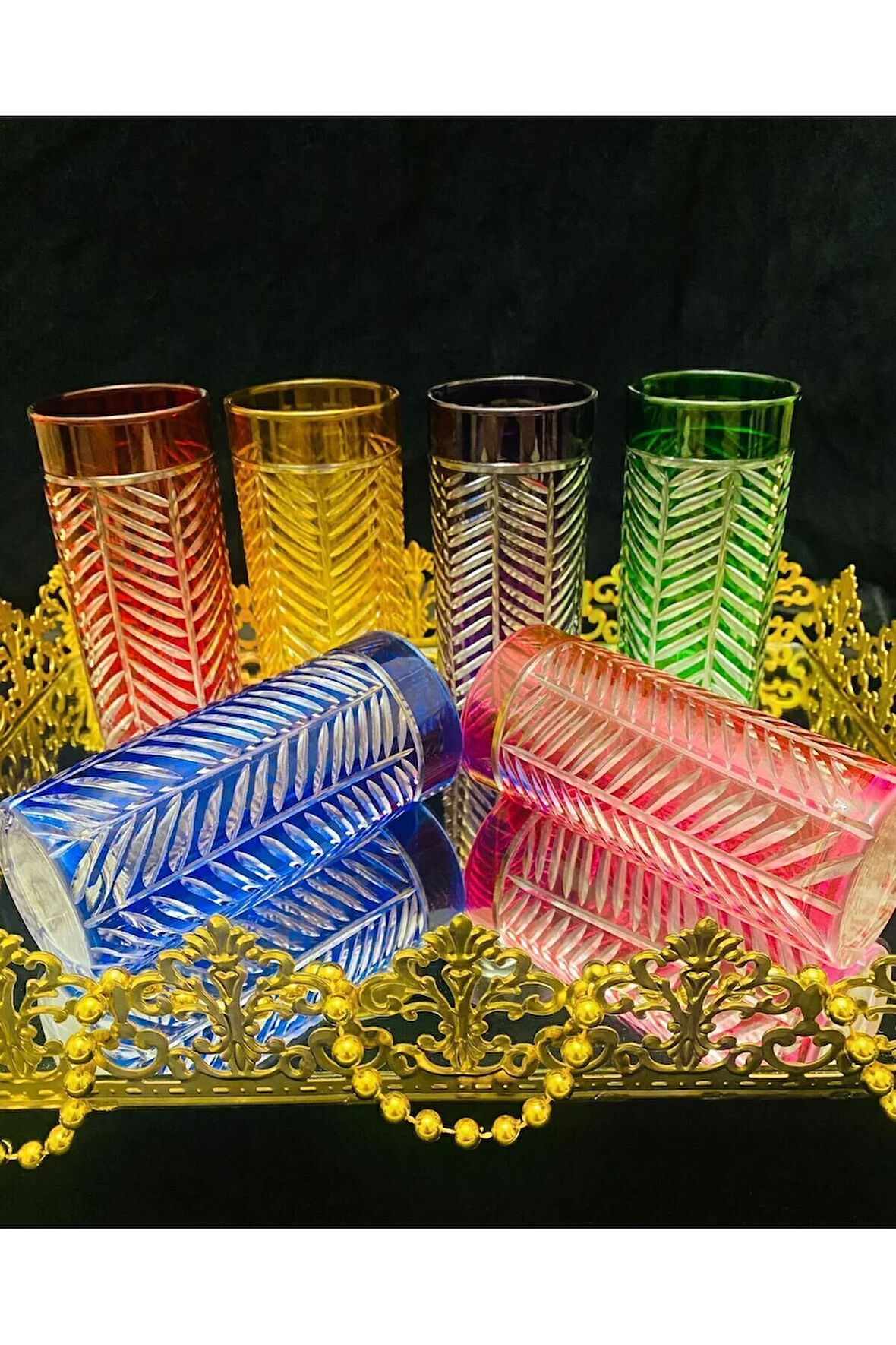 EL İŞİ RENKLİ 6'LI KRİSTAL KESME BALIK SIRTI İŞLEMELİ KAHVE YANI BARDAK NİHAVENT SERİ