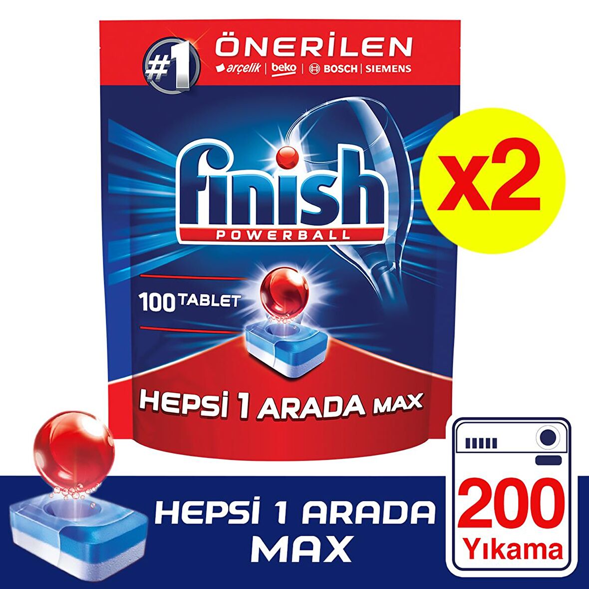 Finish Powerball Max 200 Yıkama Tablet Bulaşık Makinesi Deterjanı 2x100 Adet 