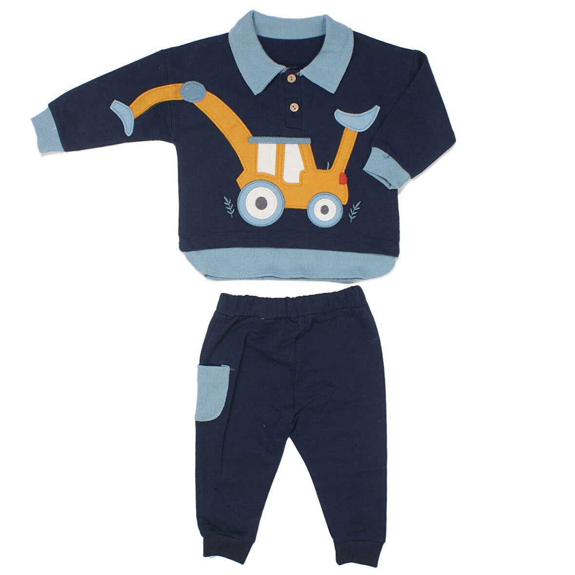 Erkek Bebek Lacivert Sarı Kepçe Desenli Yakalı 2'li Takım