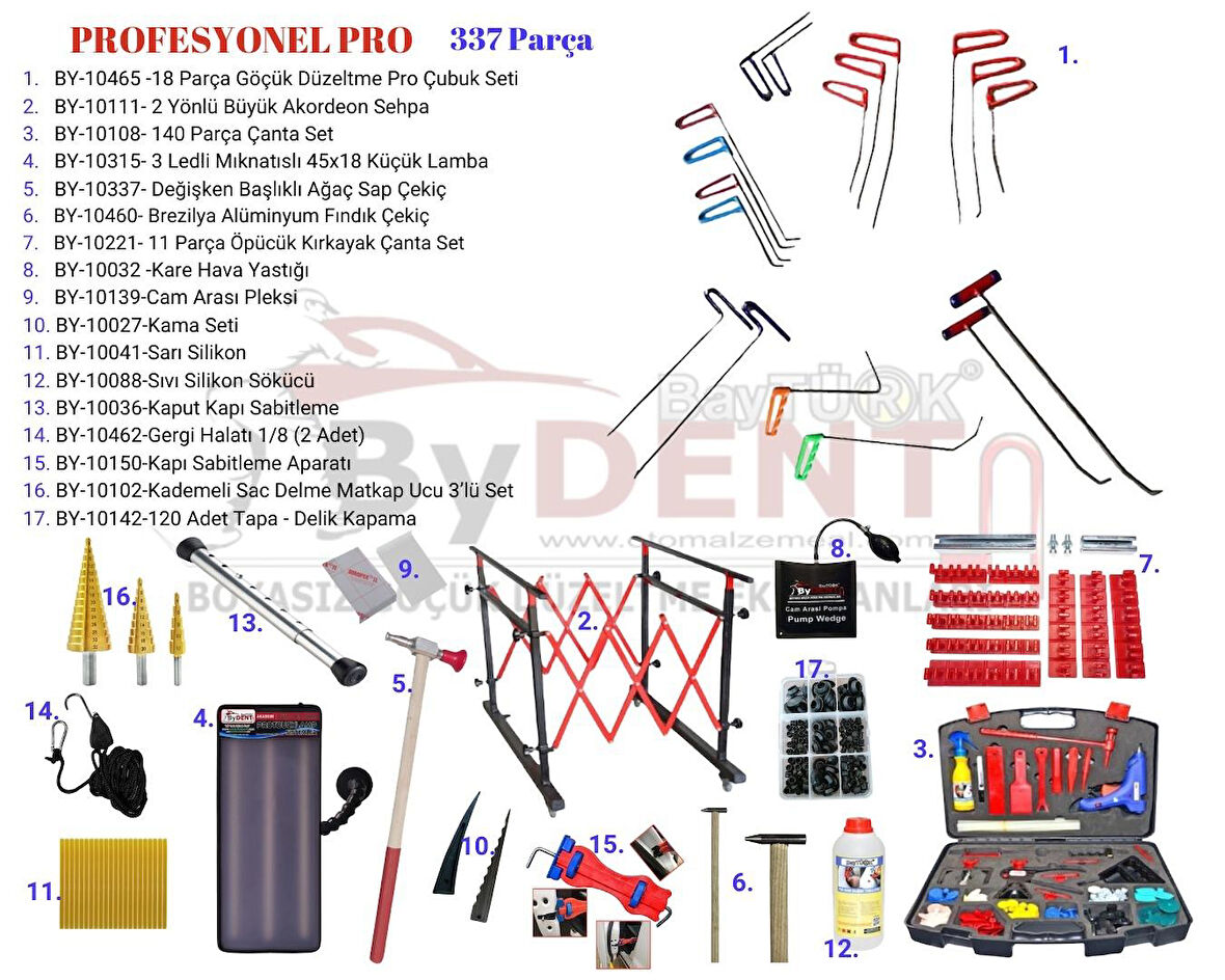 337 Parça Profesyonel Pdr Boyasız Göçük Onarım Seti