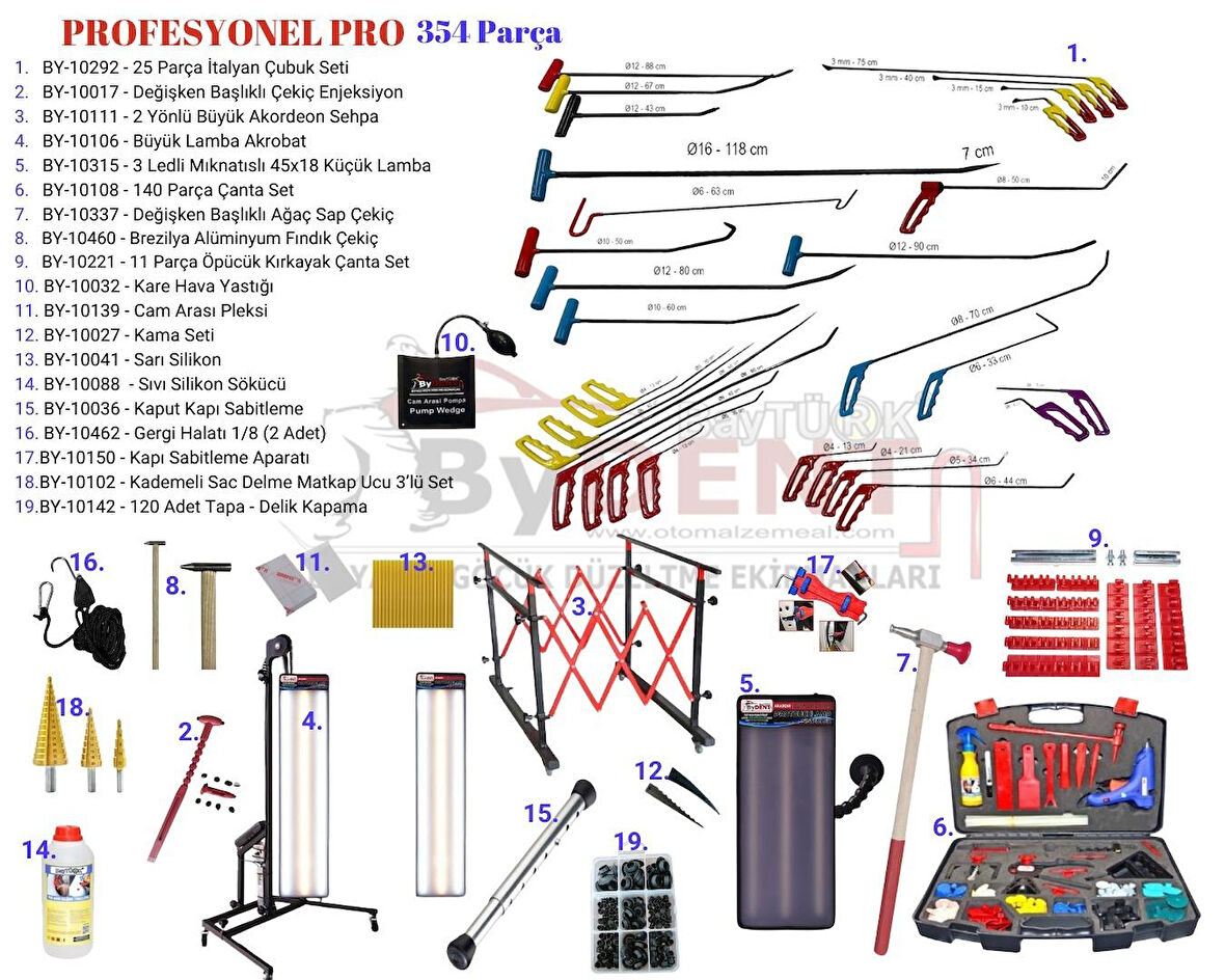 354 Parça Profesyonel Pdr Boyasız Göçük Onarım Seti