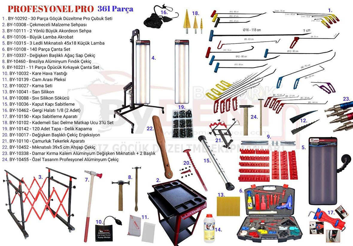 361 Parça Profesyonel Pdr Boyasız Göçük Onarım Seti