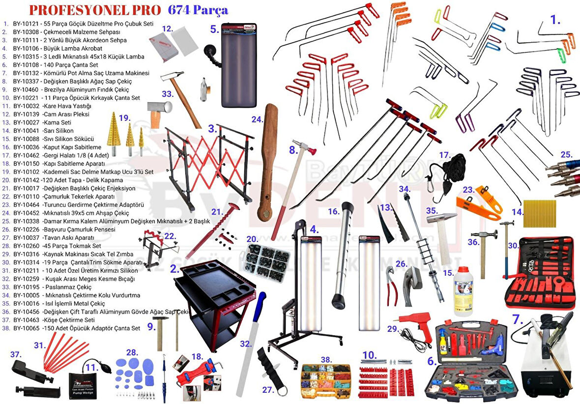 674 Parça Profesyonel  Pdr Boyasız Göçük Onarım Seti