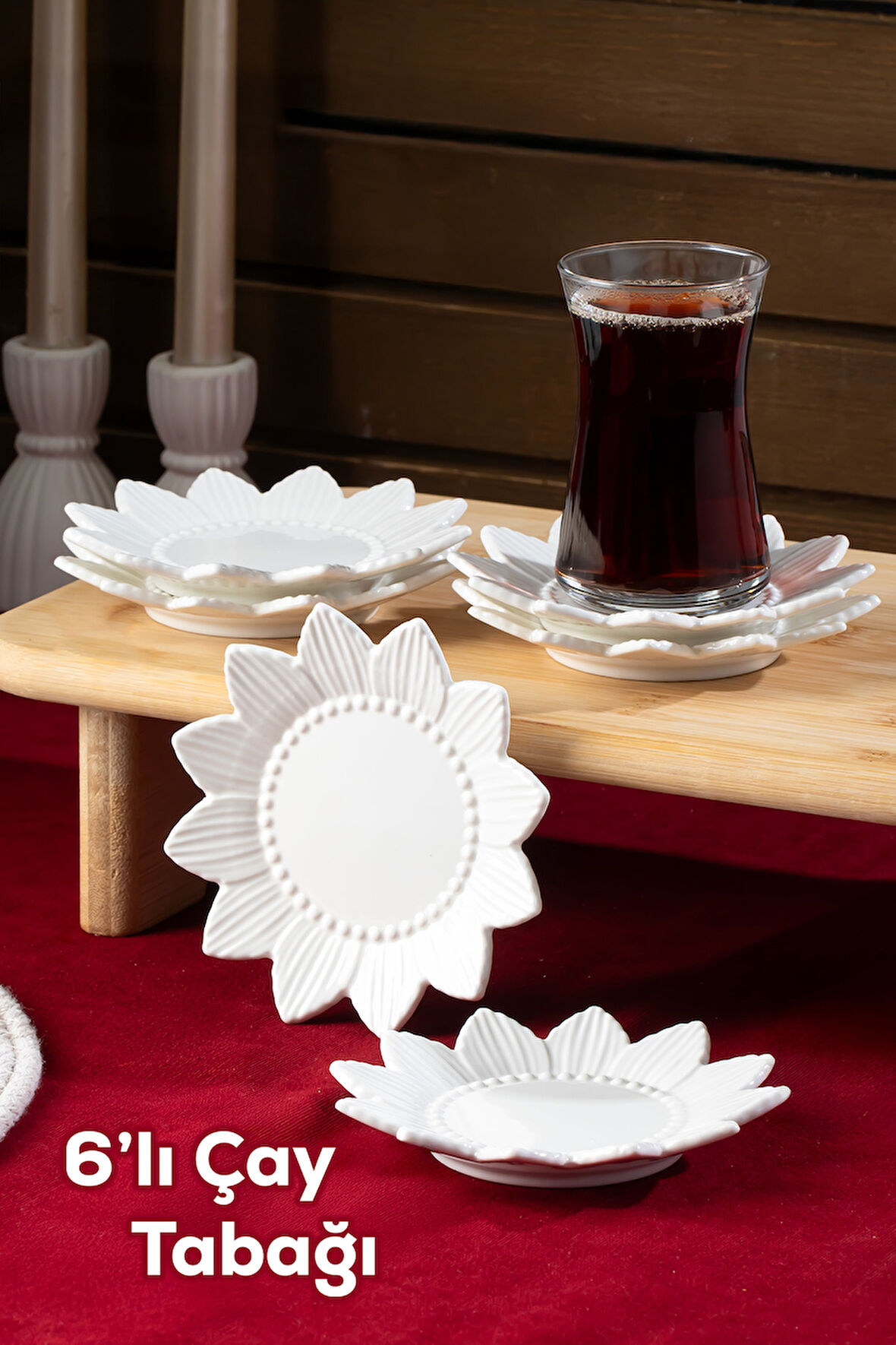 Porsima 2338 Güneş Motifli 6lı Porselen Çay Tabağı Seti Beyaz - 11,5cm