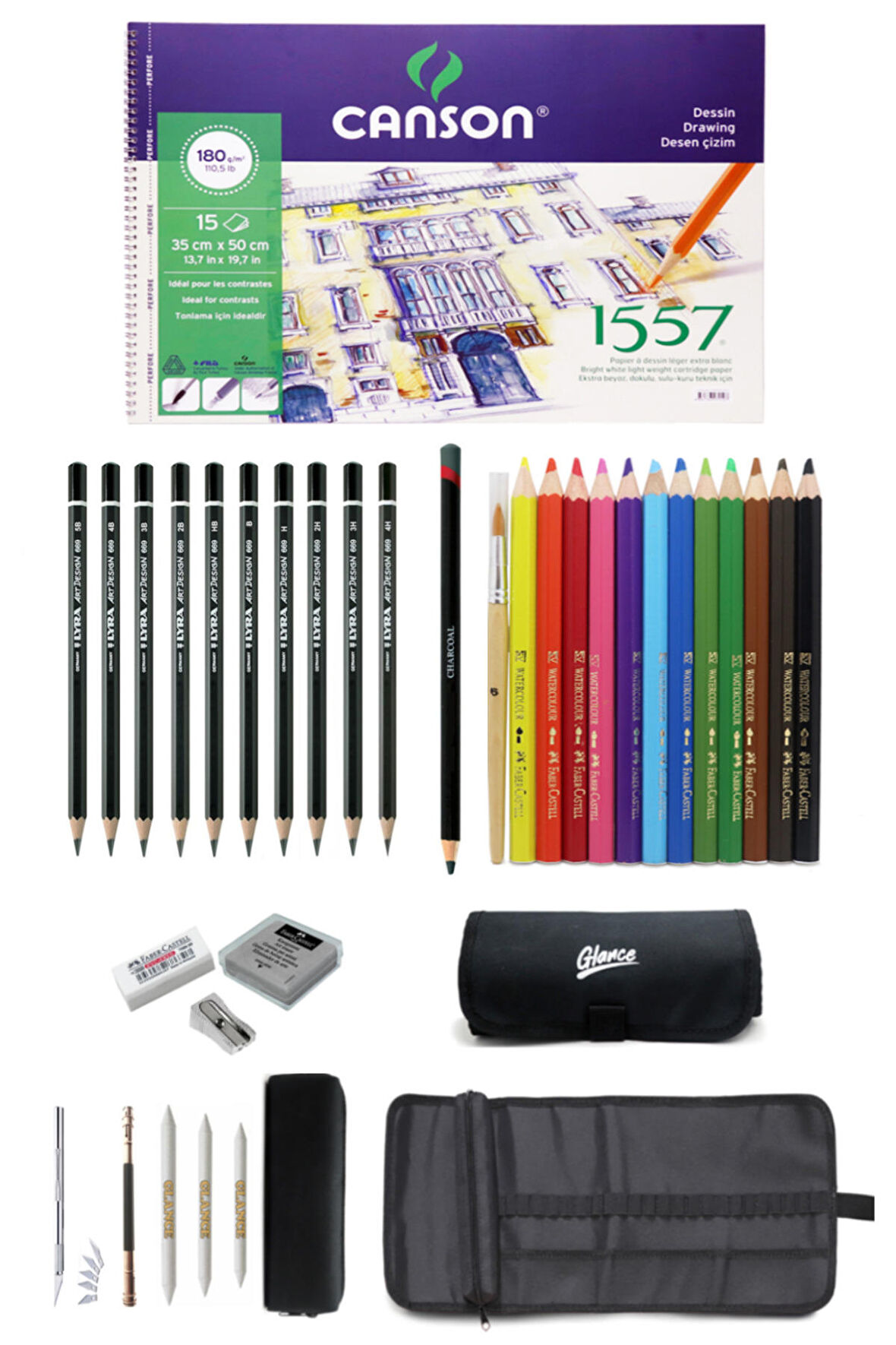 Canson Resim Defteri 35x50cm180 Gr 15 Yaprak Faber-castell Grip Boya Kalemi Çantalı Çizim Eskiz Seti