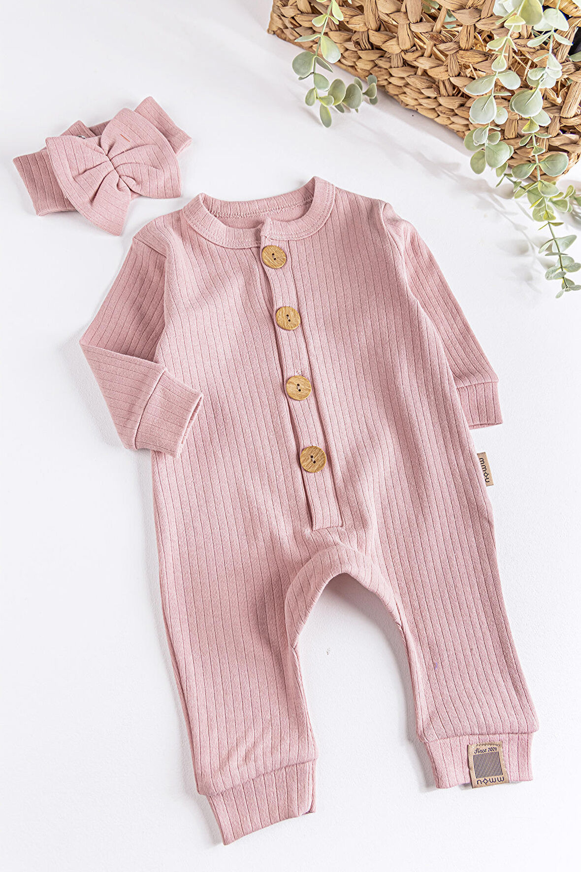 Natural Düğmeli Bandanalı Kız Bebek Tulum