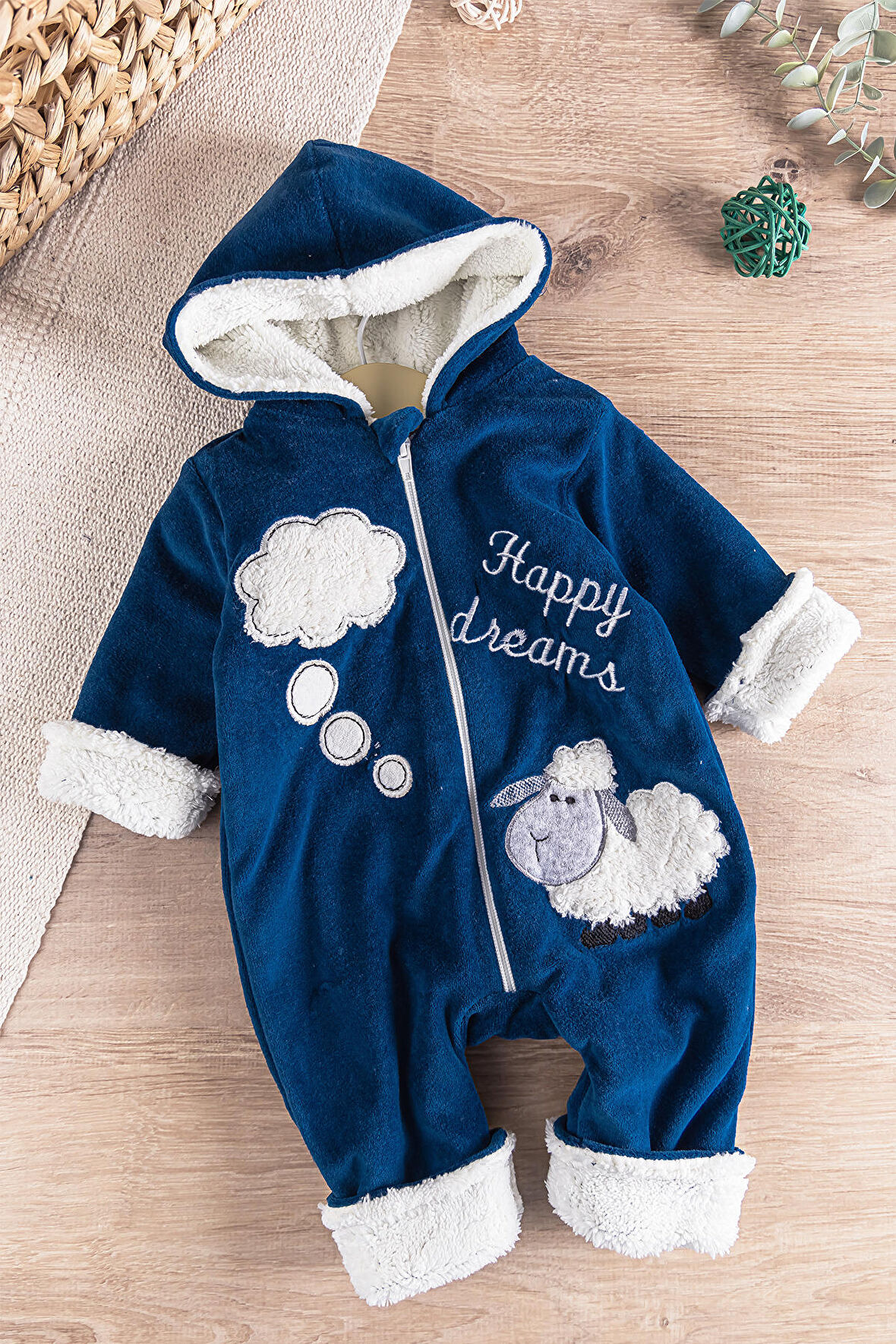 Kuzu Figürlü Welsoft Peluş Astarlı Kadife Kız/Erkek Bebek Tulum