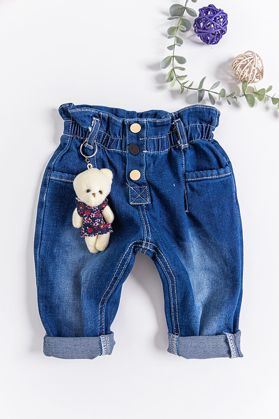 Oyuncak Ayıcıklı Kız Bebek Kot Pantolon Denim Pantolon