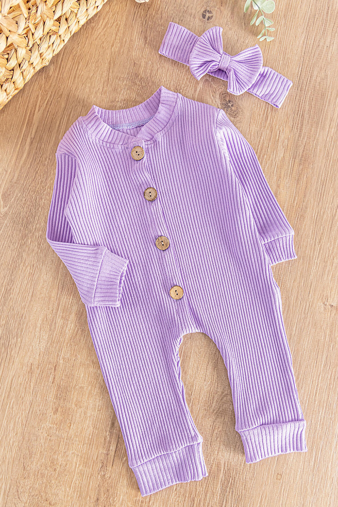 Önden Düğmeli Bandanalı Kız Bebek Tulum