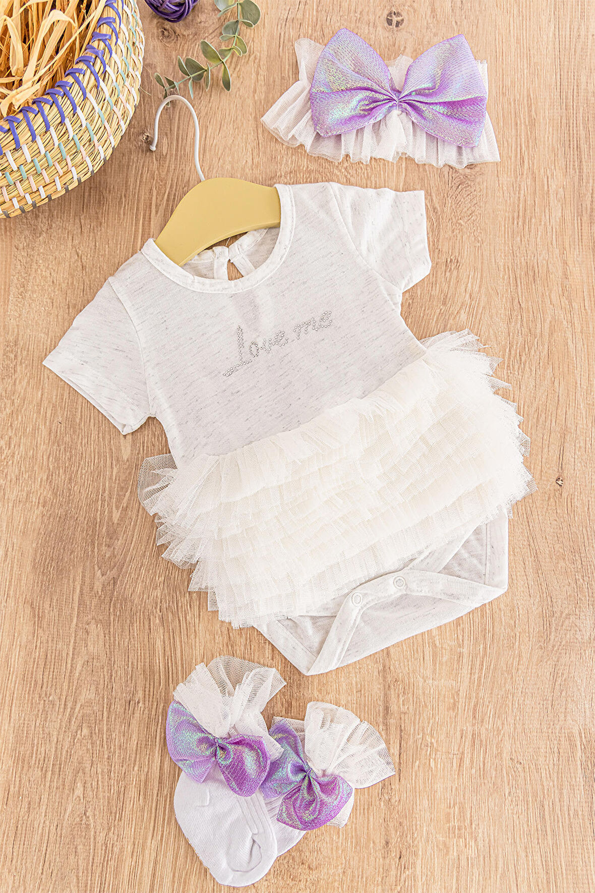 Tütü Etekli Fiyonklu Bandanalı Kız Bebek Tulum Takım