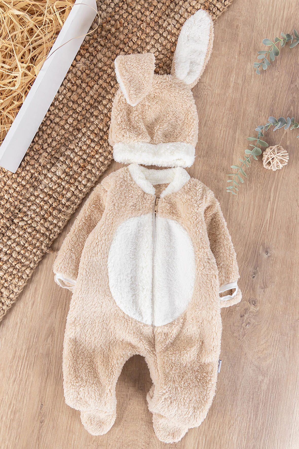 Tavşan Şapkalı Kuzu Welsoft Kız/Erkek Bebek Kışlık Tulum 