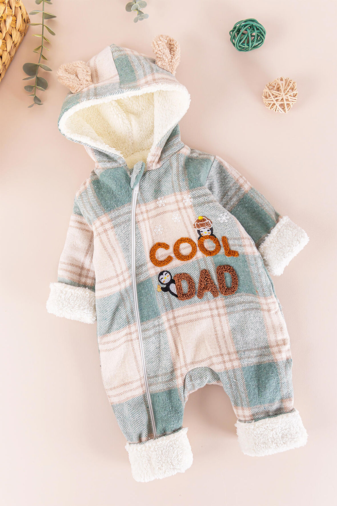 Ekose Desenli Welsoft Kışlık Erkek Bebek Tulum Astronot Tulum