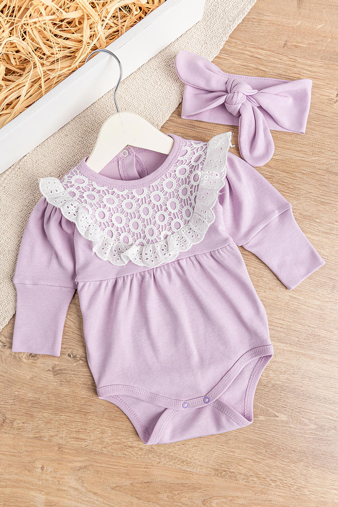 Güpürlü Bandanalı Kız Bebek Tulum Bebek Çıt Çıtlı Body