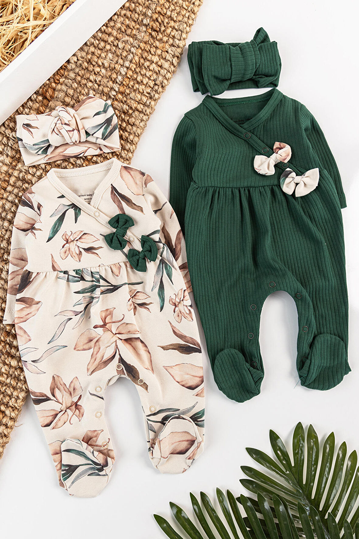 Çiçek Desenli Bandanalı 2'li Uzun Kollu Kız Bebek Tulum Takım