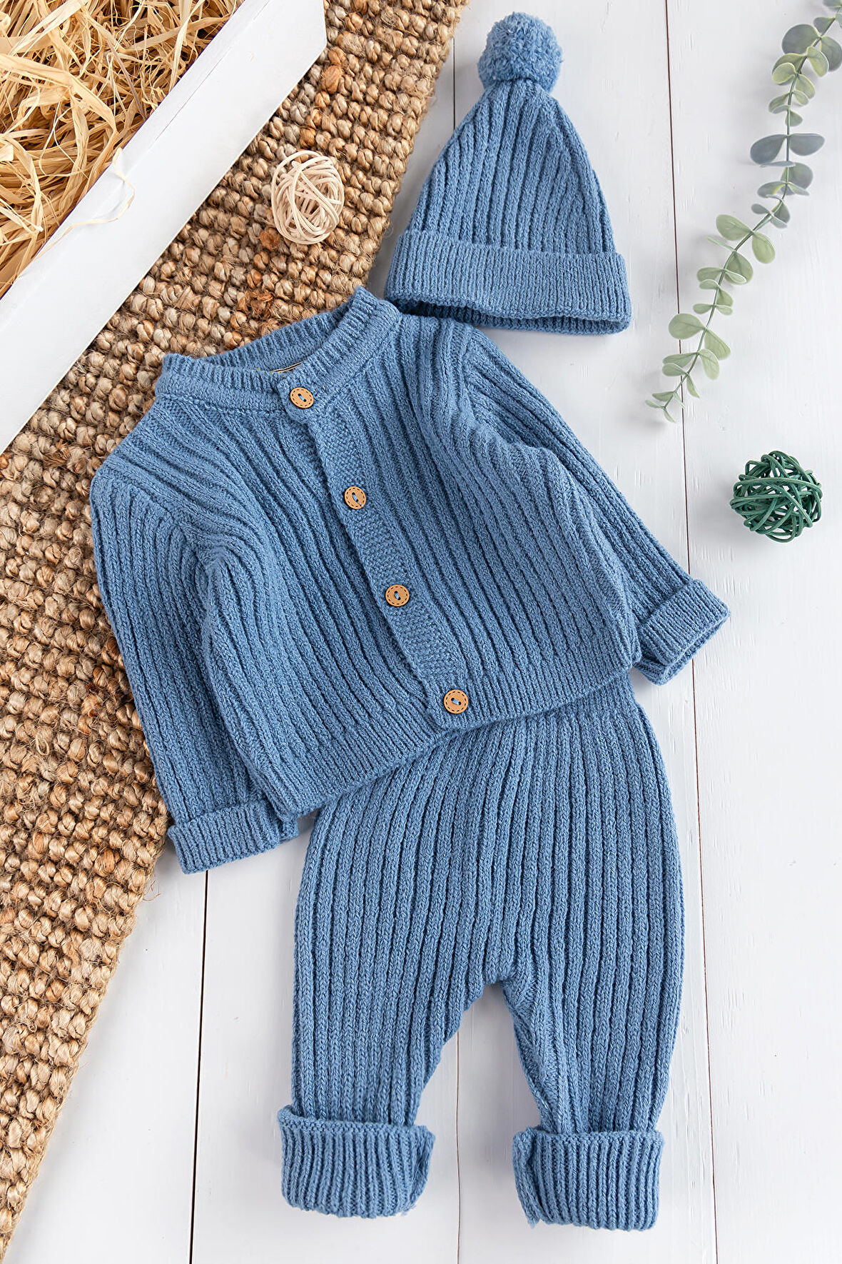 Triko Hırkalı Bereli Unisex Kışlık Şapkalı Bebek Takım