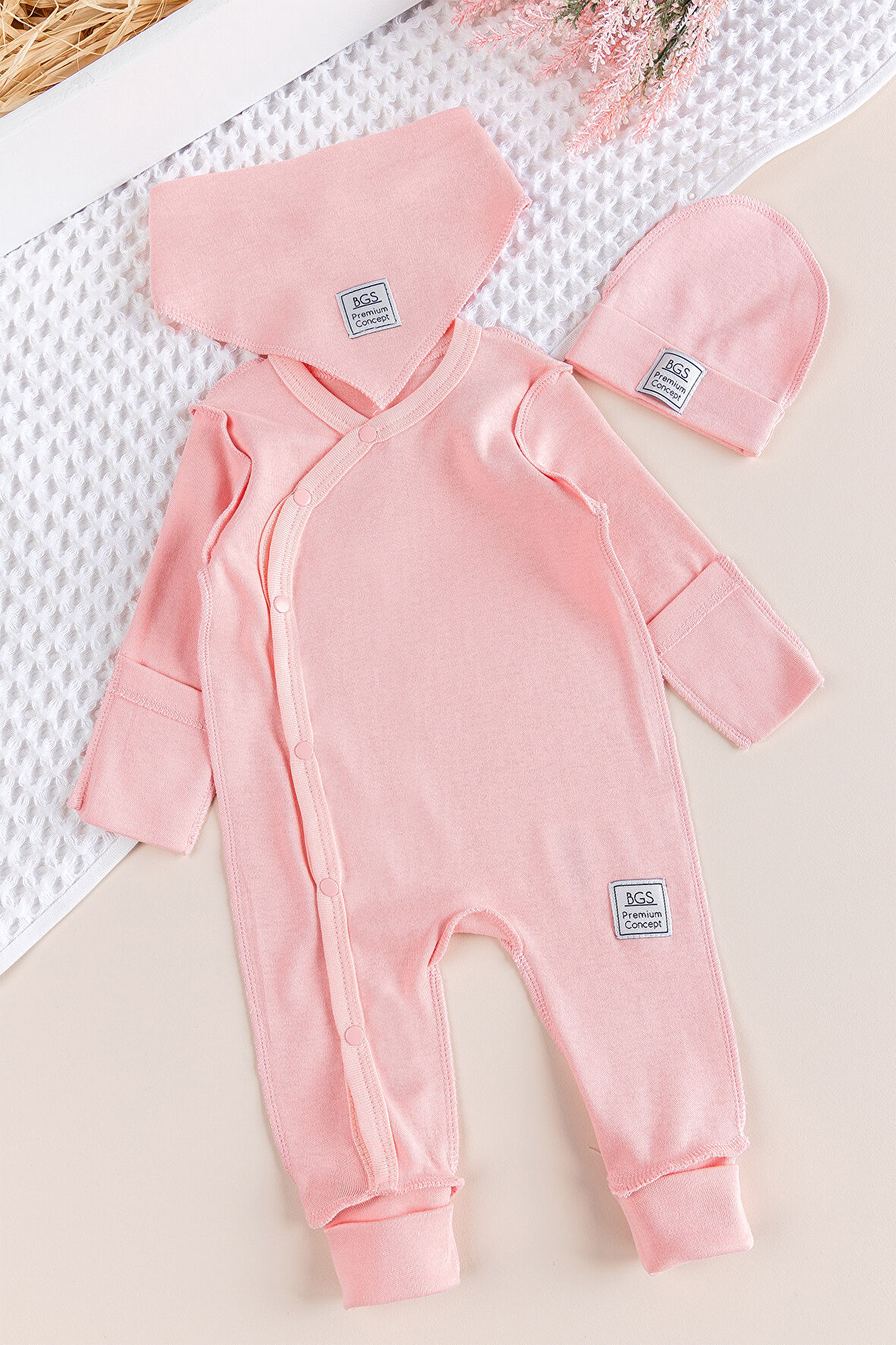 Kendinden Eldivenli Naturel Bebek Tulum Takım