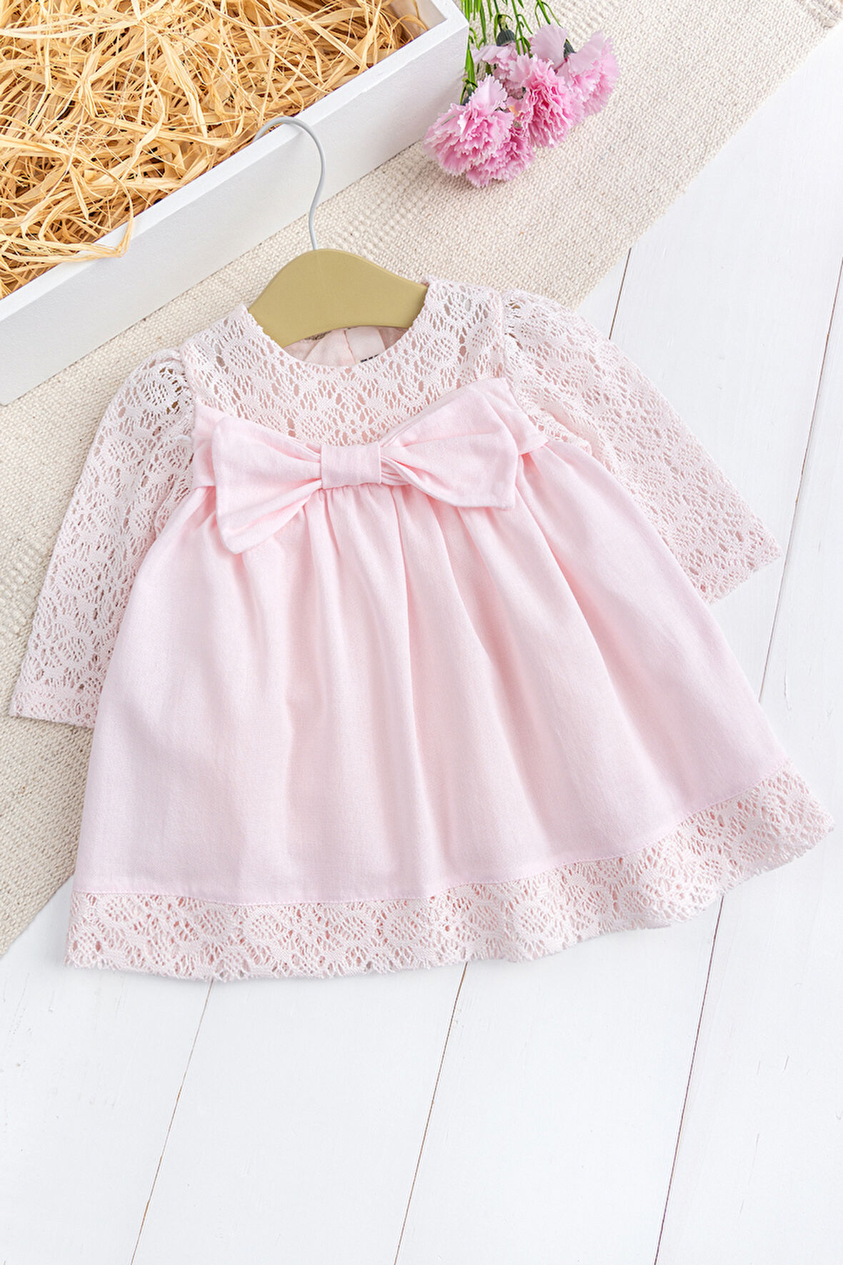 Fiyonklu  Dantelli Kız Bebek  Elbise Pembe  Şık Doğum günü Özel gün Bebek Elbise 