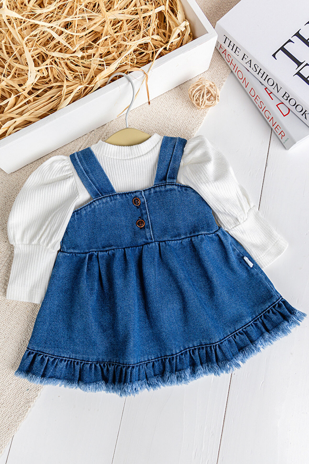 Püsküllü Jean Jile  Elbise Kot Salopet Buluz Set