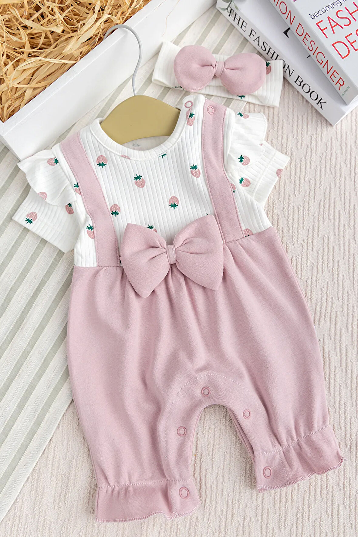 Pamuklu Kız Bebek Yazlık Tulum Takım Set Bandanalı Fiyonklu