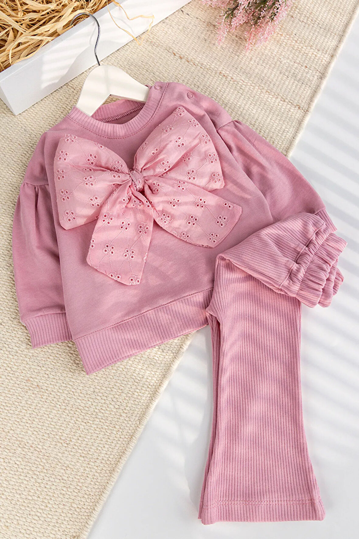 Fiyonklu 100% Pamuk 2'li Kız Bebek  Takım Pembe