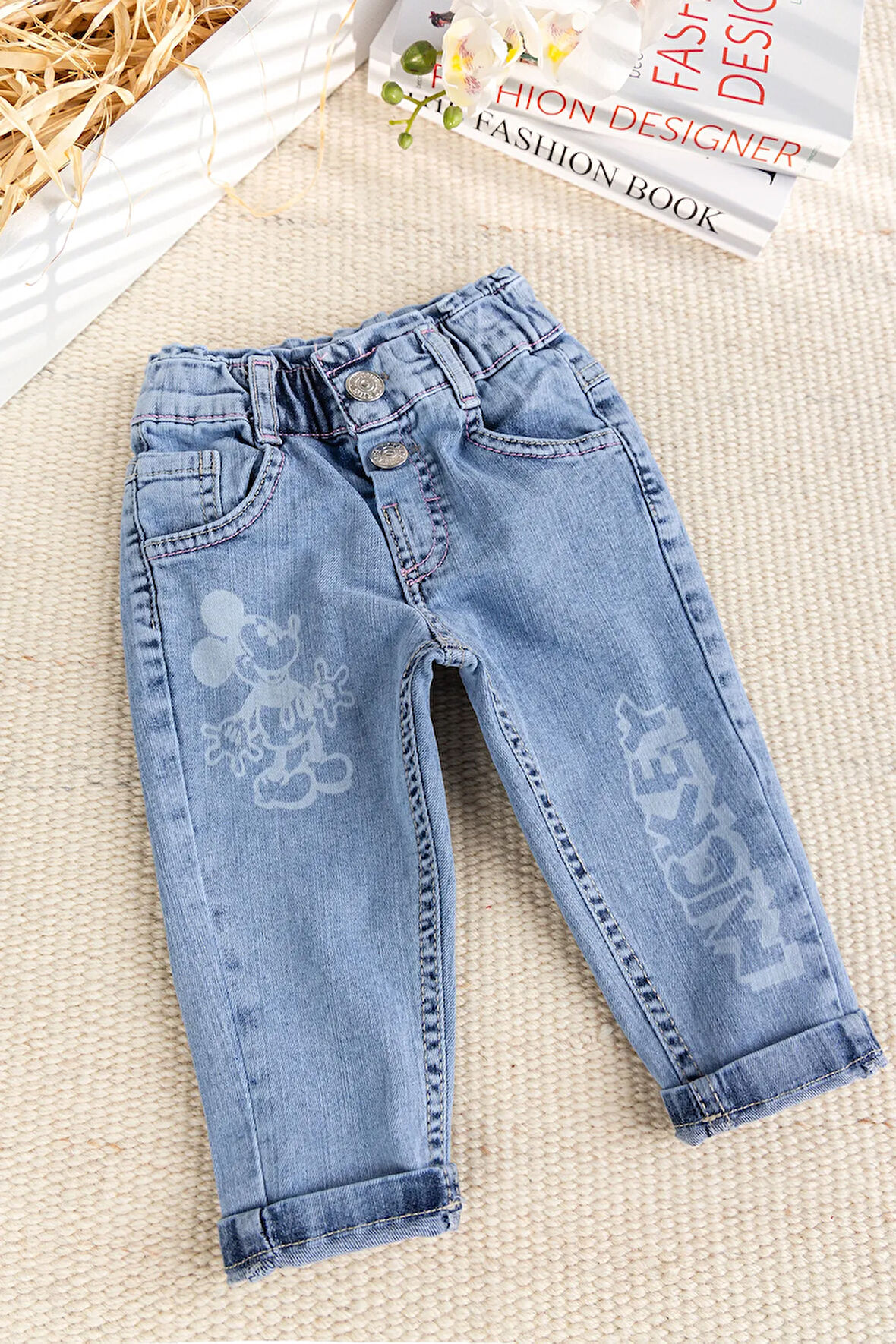 Fiğürlü Denim Pamuku  Şık Kot Kız Bebek Pantolon