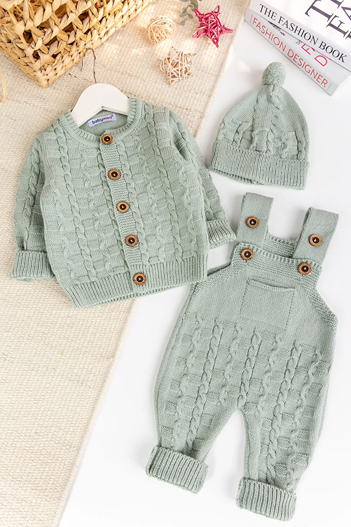 Triko Hırkalı 3'lü Ayarlanabilir Askılı  Örgü Erkek Bebek Salopet Tulum Takım Set