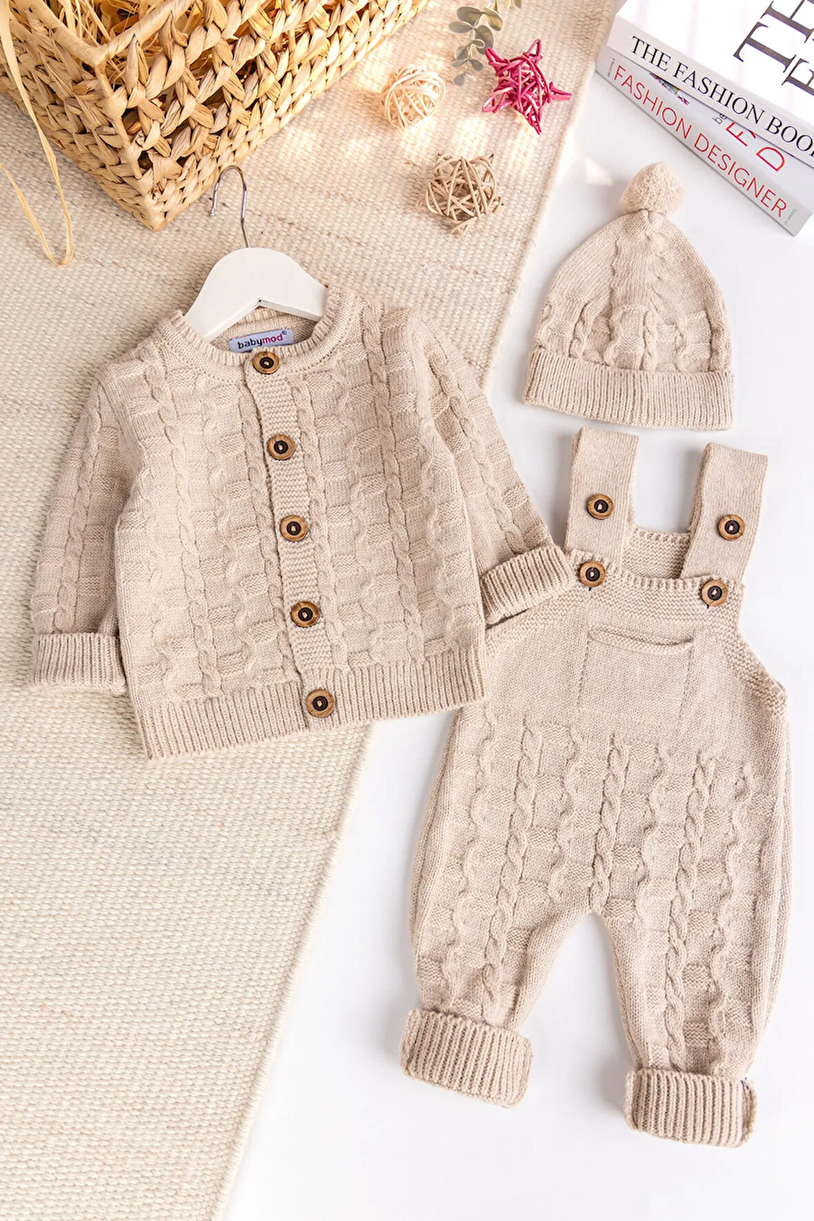 Triko Hırkalı 3'lü Ayarlanabilir Askılı  Örgü Erkek Bebek Salopet Tulum Takım Set