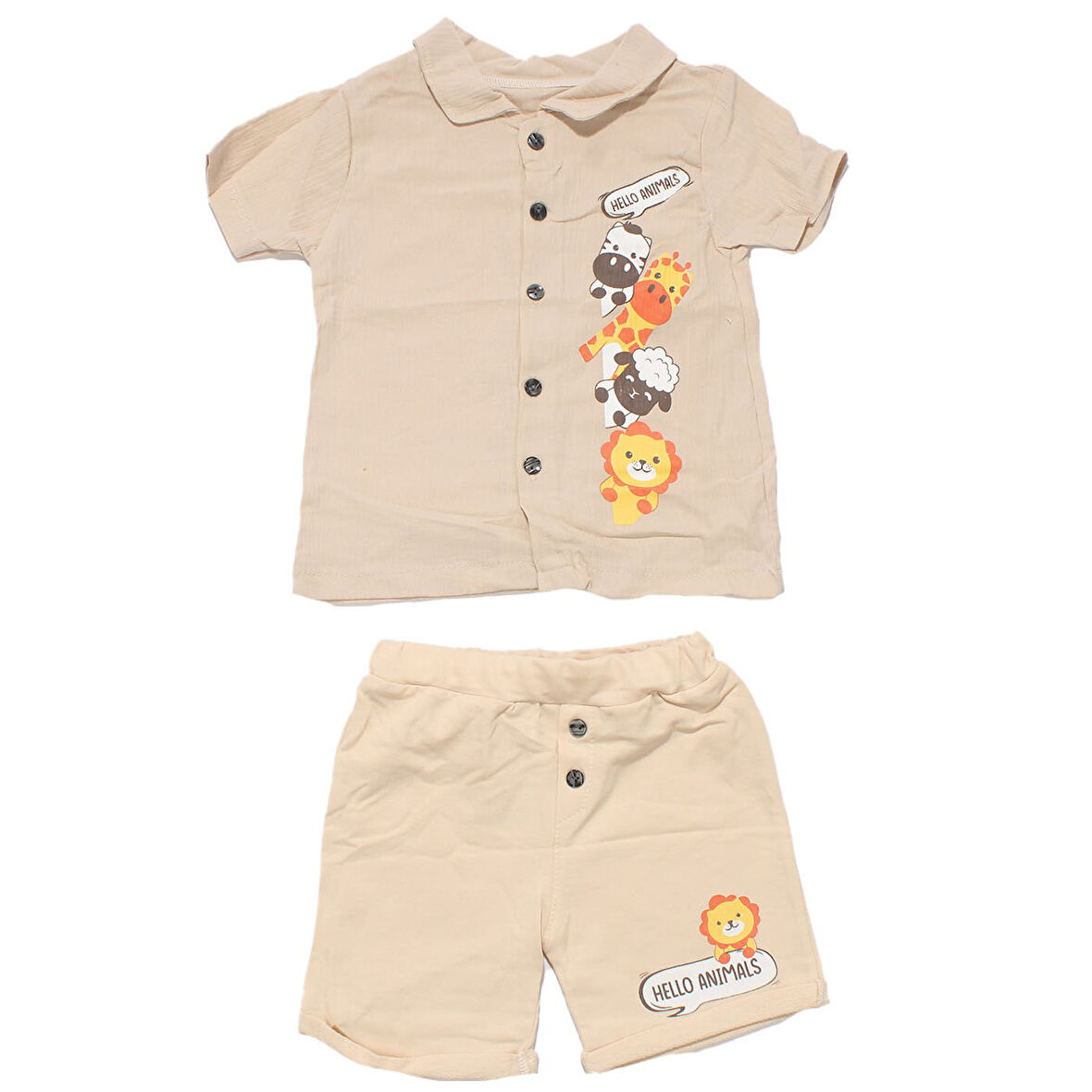 Erkek Bebek Bej Hayvanlı Desenli Müslin Gömlekli 2'li Takım
