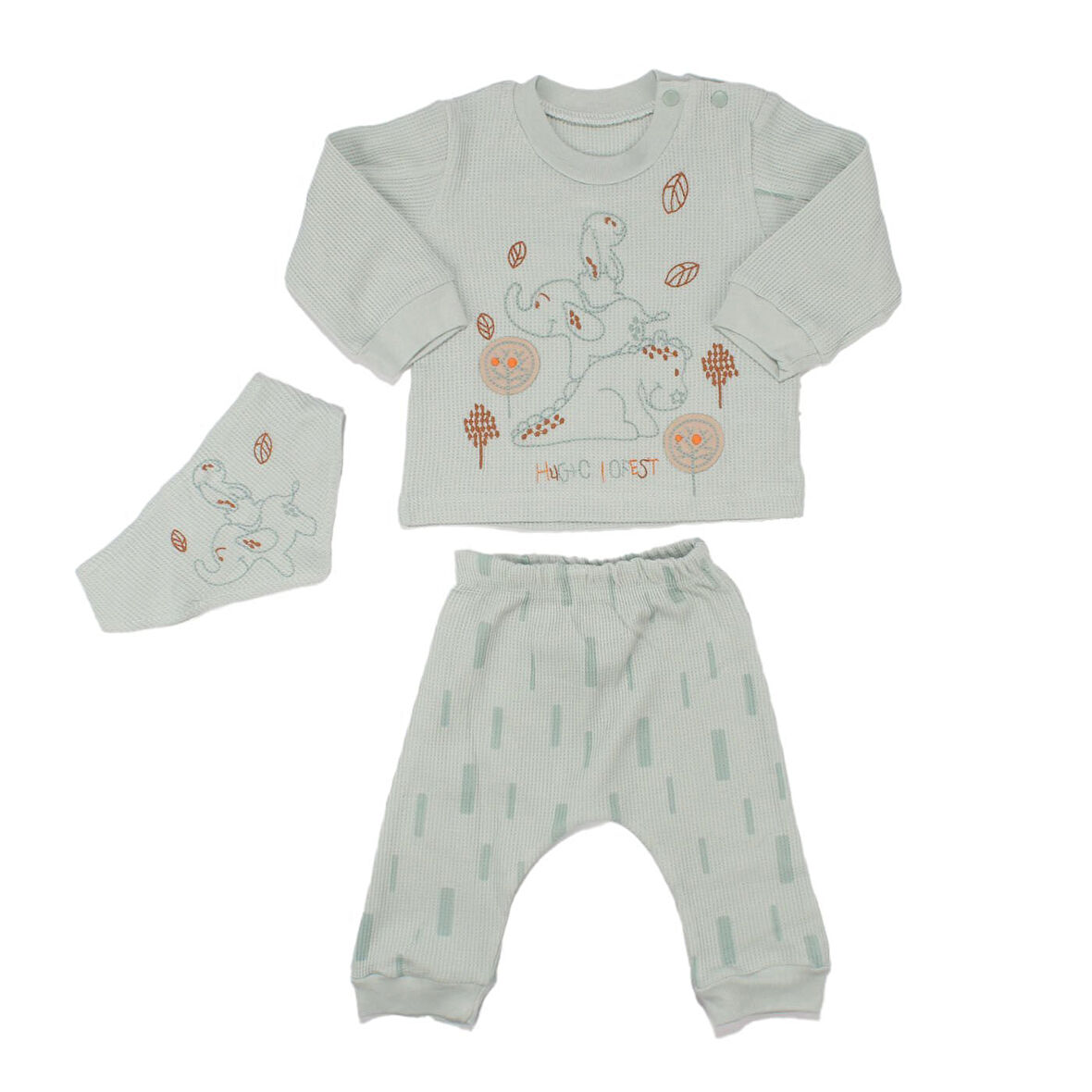 Erkek Bebek Su Yeşili Filli Nakışlı Önlüklü Waffle 3'lü Takım