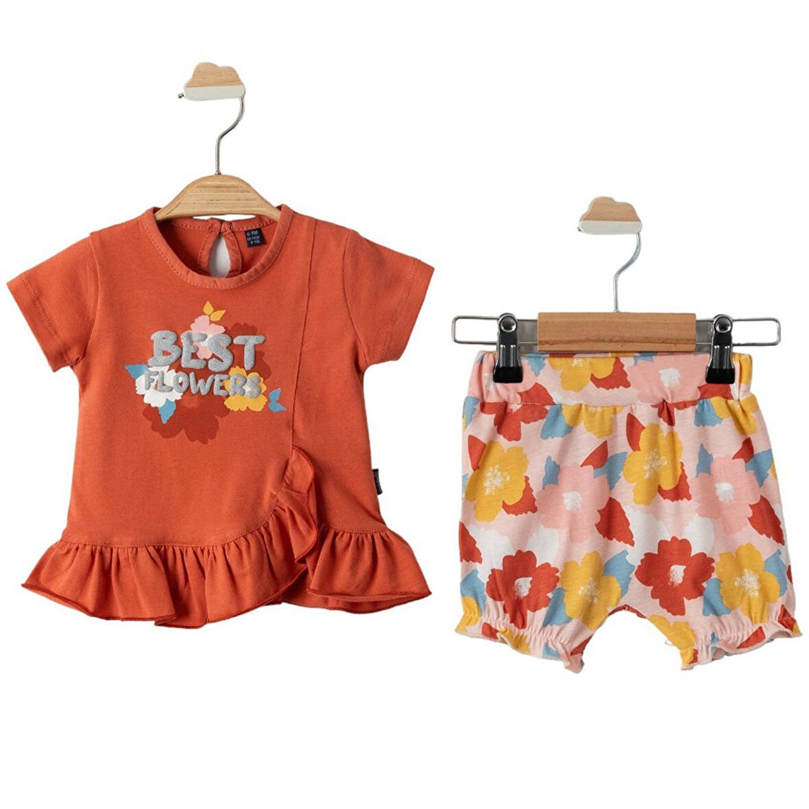 Kız Bebek Kiremit Best Flowers Baskılı Renkli Şortlu 2'li Takım