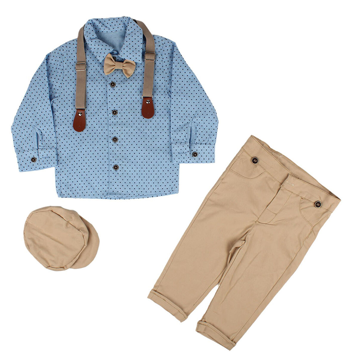 Erkek Bebek Mavi Kahve Puanlı Papyonlu Şapkalı Gömlek Takım