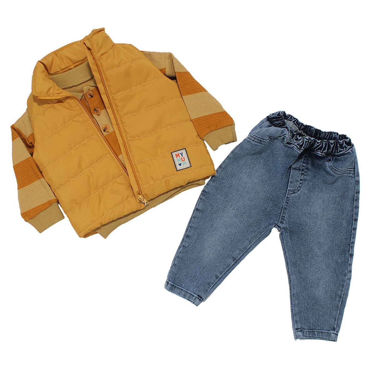 Erkek Bebek Hardal Mavi Kot Pantolonlu Çizgili Badili Şişme Yelekli 3'lü Takım