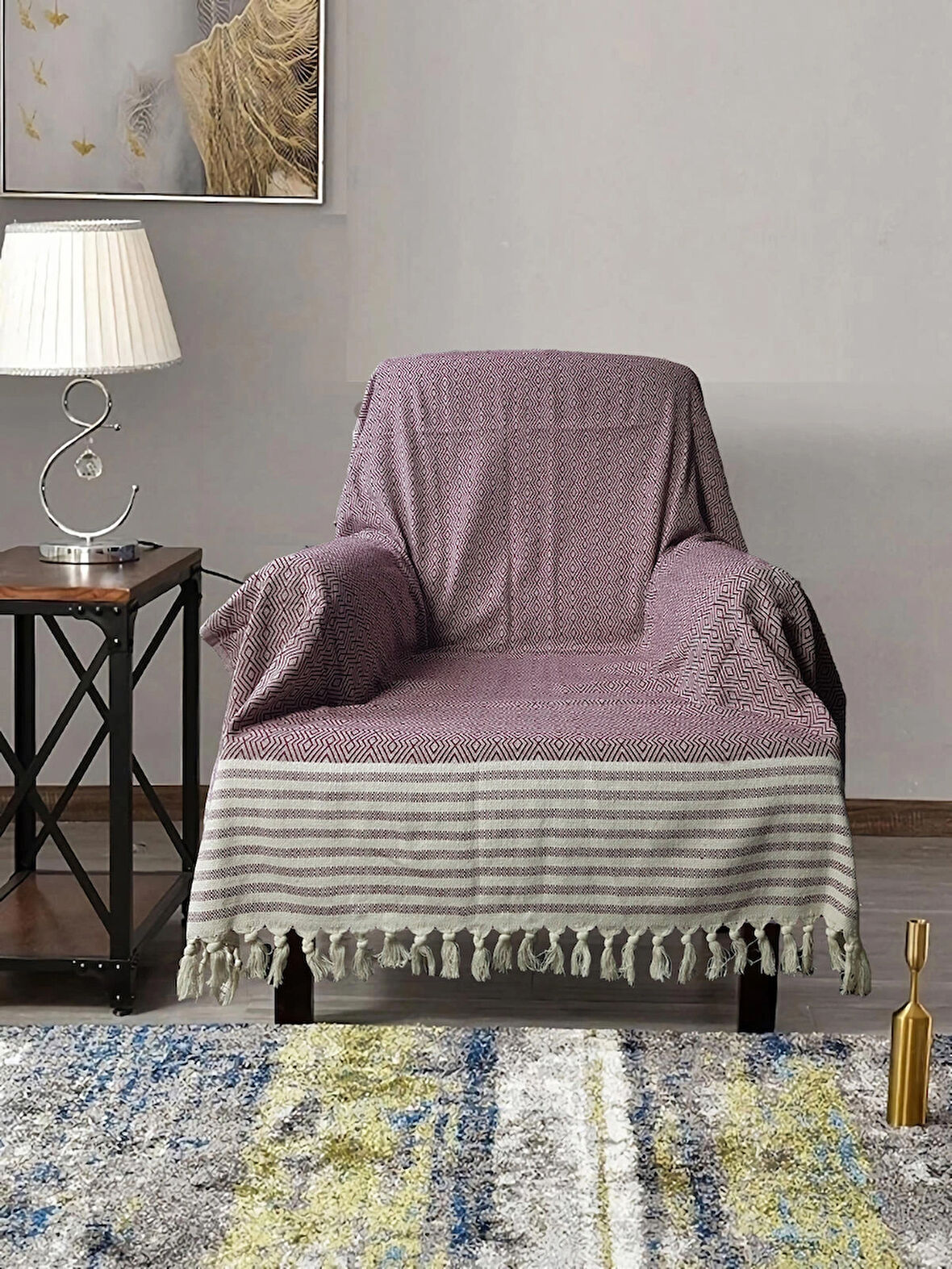 Buldan İşi Kolları Örten Pamuklu Tekli Koltuk Berjer Örtüsü 180x150 cm Pamuk Dokuma - MÜRDÜM 