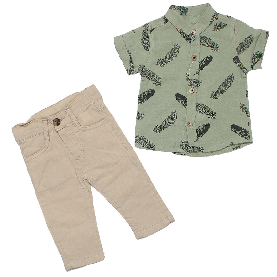 Erkek Bebek Yeşil Bej Müslin Tüy Desenli Gömlekli 2'li Takım