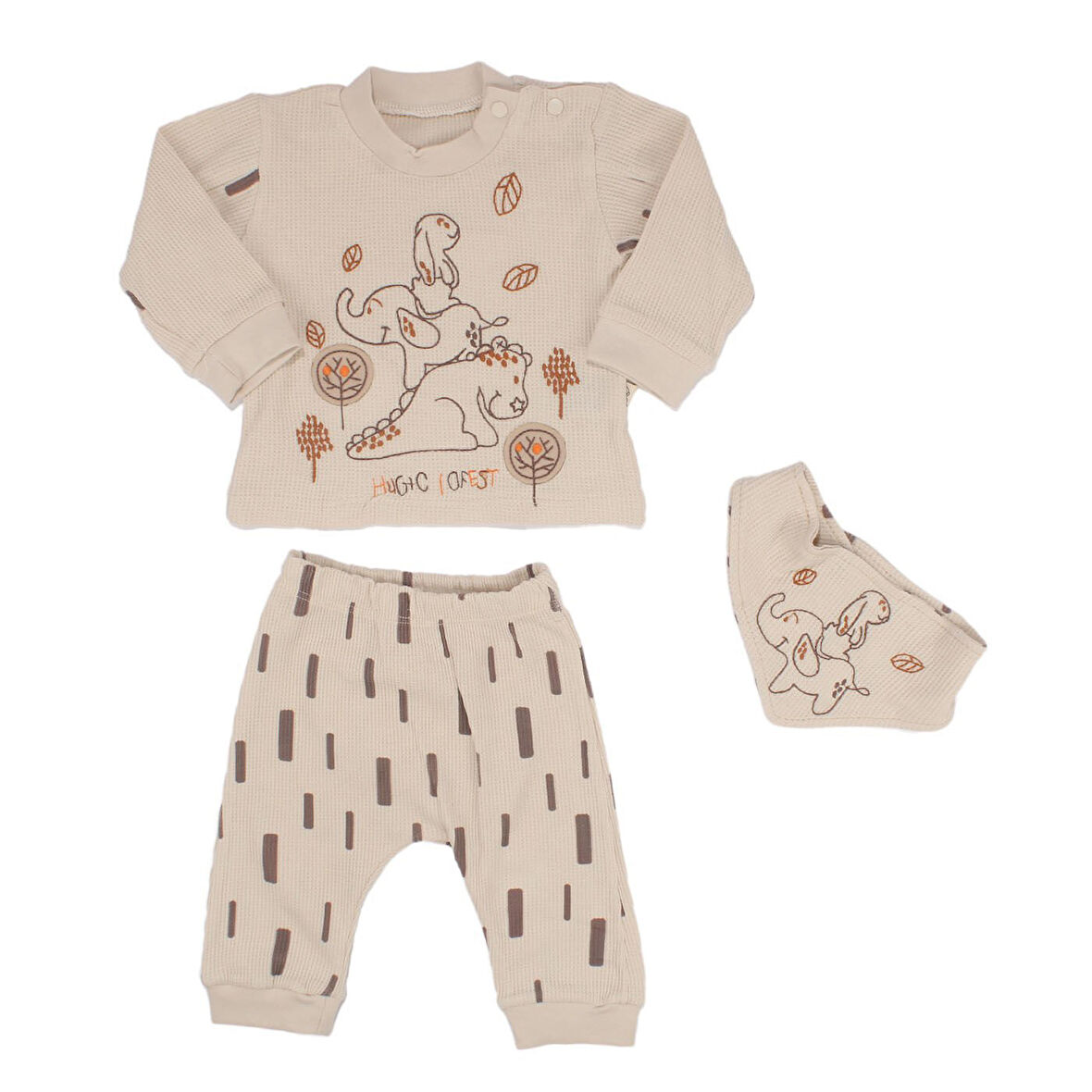 Erkek Bebek Bej Filli Nakışlı Önlüklü Waffle 3'lü Takım