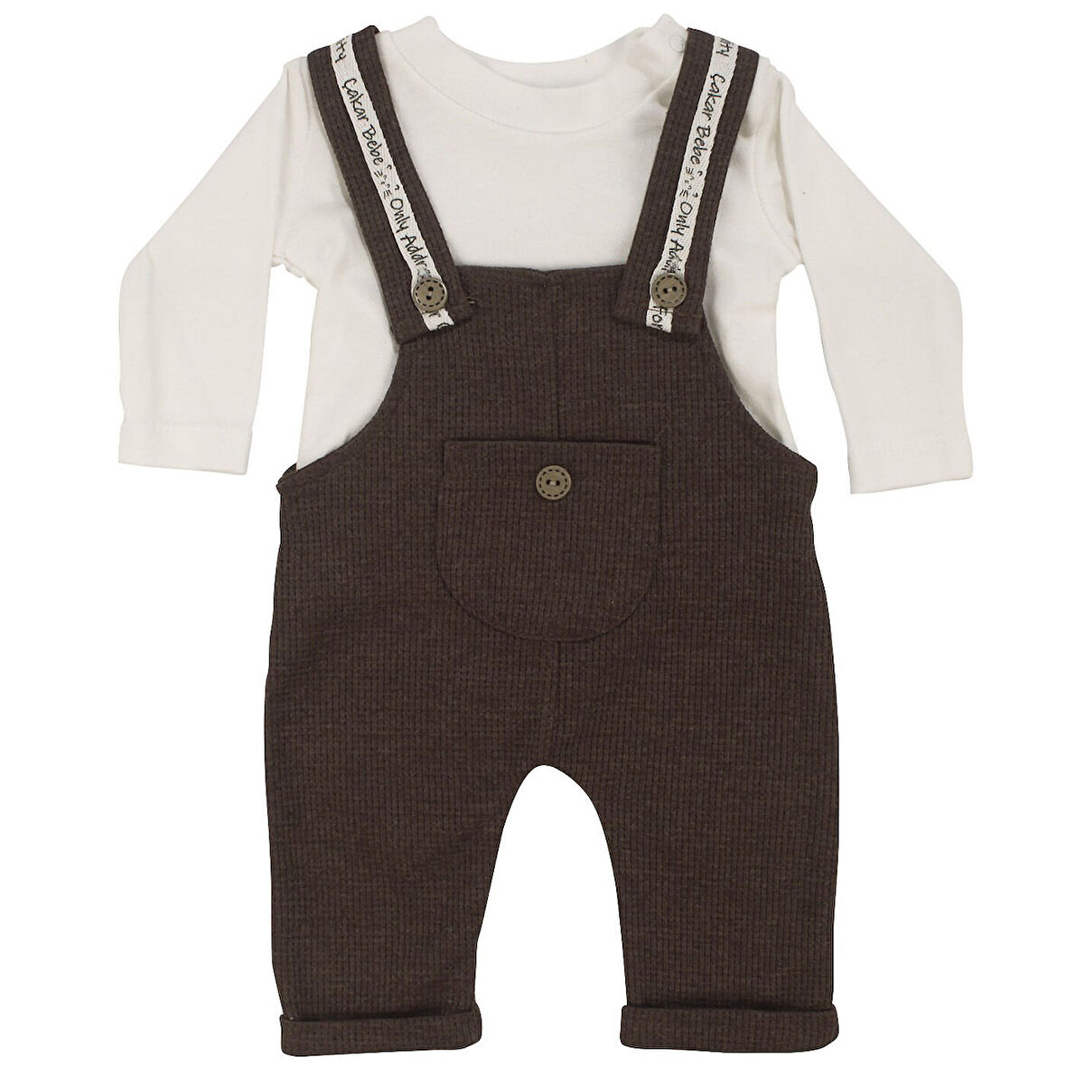 Erkek Bebek Beyaz Kahve Waffle Salopetli İkili Takım
